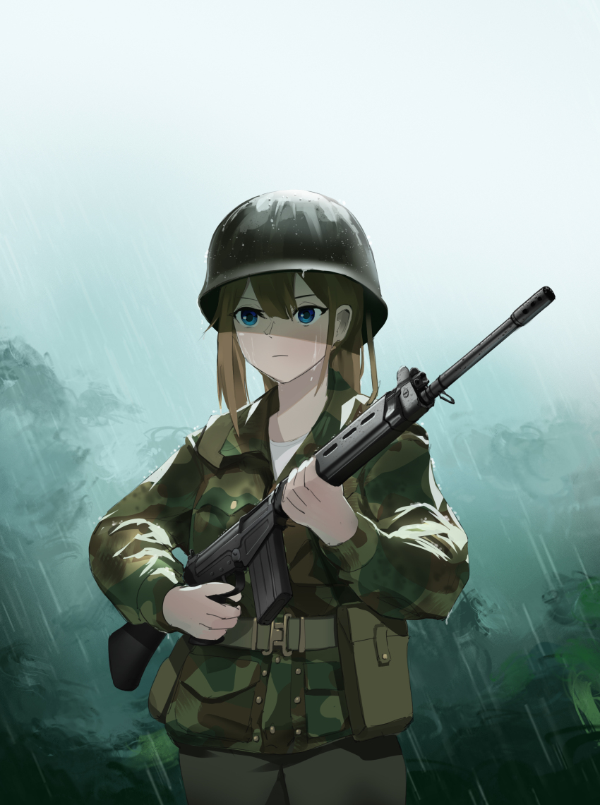 1girl, absurdres, battle_rifle, belgium, black_hat, black_pants, blue_eyes, brown_hair, camouflage, combat_helmet, congo_crisis, fal_(girls'_frontline), fn_fal, gewehrbroker, girls'_frontline, green_shirt, gun, hat, helmet, highres, military_combat_uniform, military_uniform, pants, rain, rifle, serious, shirt, solo, weapon, white_shirt, woodland_camouflage