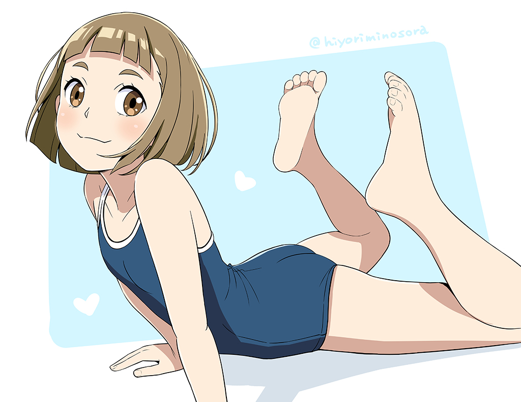 1girl, barefoot, blue_background, blue_one-piece_swimsuit, blunt_bangs, breasts, brown_eyes, brown_hair