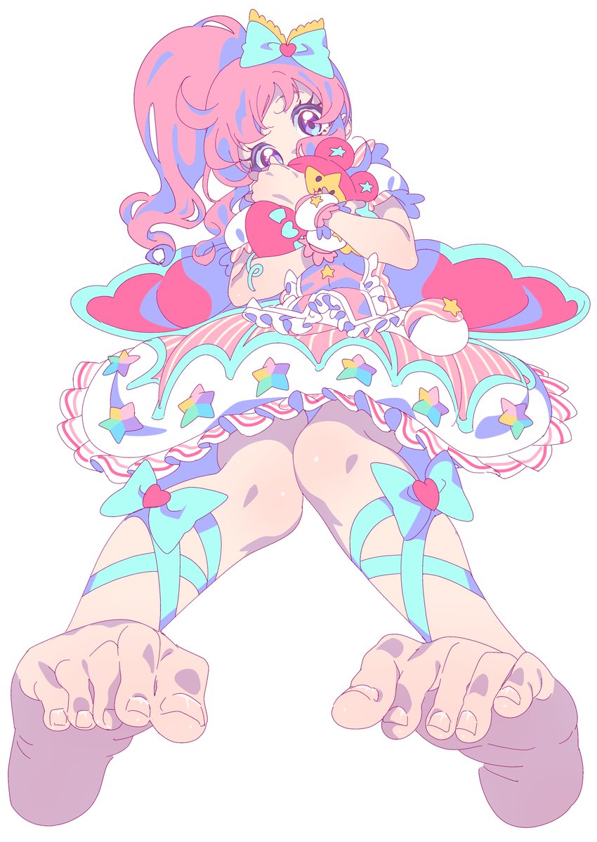 1girl, archived_source, bad_id, bad_twitter_id, barefoot, belt_pouch, blue_bow, bow, dress, feet, foot_focus, from_below, full_body, hair_bow, highres, holding, holding_stuffed_toy, idol_clothes, image_sample, kiracchu_(pri_chan), kiratto_pri_chan, long_hair, looking_at_viewer, lying, momoyama_mirai, on_back, pink_dress, pink_hair, ponytail, pouch, pretty_series, sidelocks, simple_background, soles, solo, star_(symbol), star_print, stuffed_toy, toenails, toes, twitter_sample, white_background, wrist_cuffs, zashima