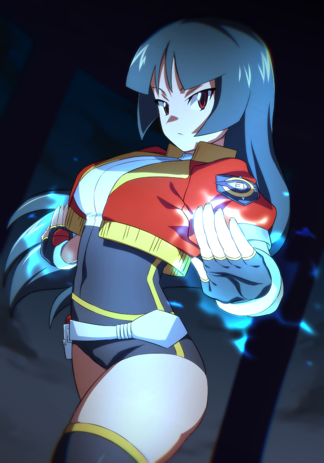 1girl, belt, black_hair, black_thighhighs, cosplay, cropped_jacket, fingerless_gloves, gloves, glowing_hands, leotard, long_hair, nintendo, pokemon, pokemon_firered_and_leafgreen, pokemon_ranger_(series), pokemon_ranger_1, pokemon_ranger_uniform, red_eyes, rom_(20), sabrina_(pokemon), solana_(pokemon), solana_(pokemon)_(cosplay), thighhighs, white_belt