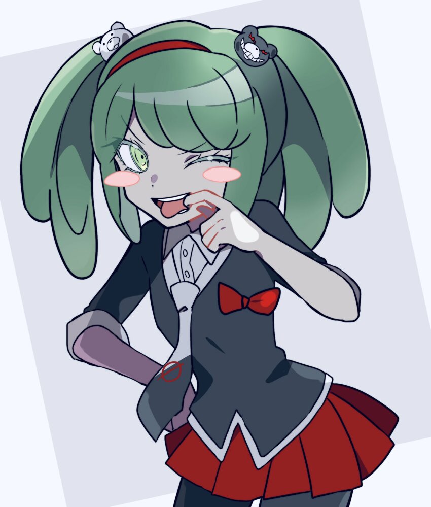 1girl, bear_hair_ornament, black_leggings, black_shirt, blush, bow, child, danganronpa_(series)