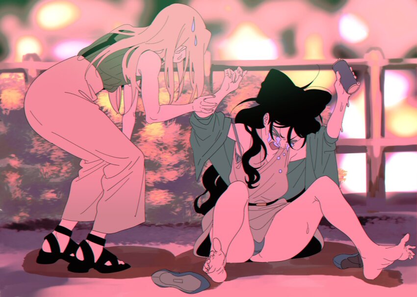 >_<, 2girls, archived_source, arms_up, bad_id, bad_twitter_id, barefoot, belt