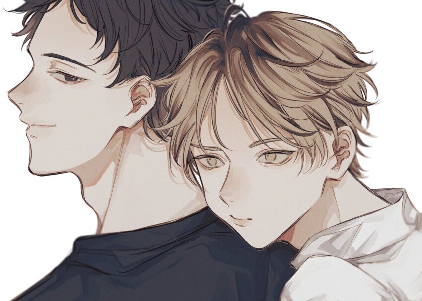 2boys, awase01, black_eyes, black_hair, black_sweater, blonde_hair, closed_mouth, couple