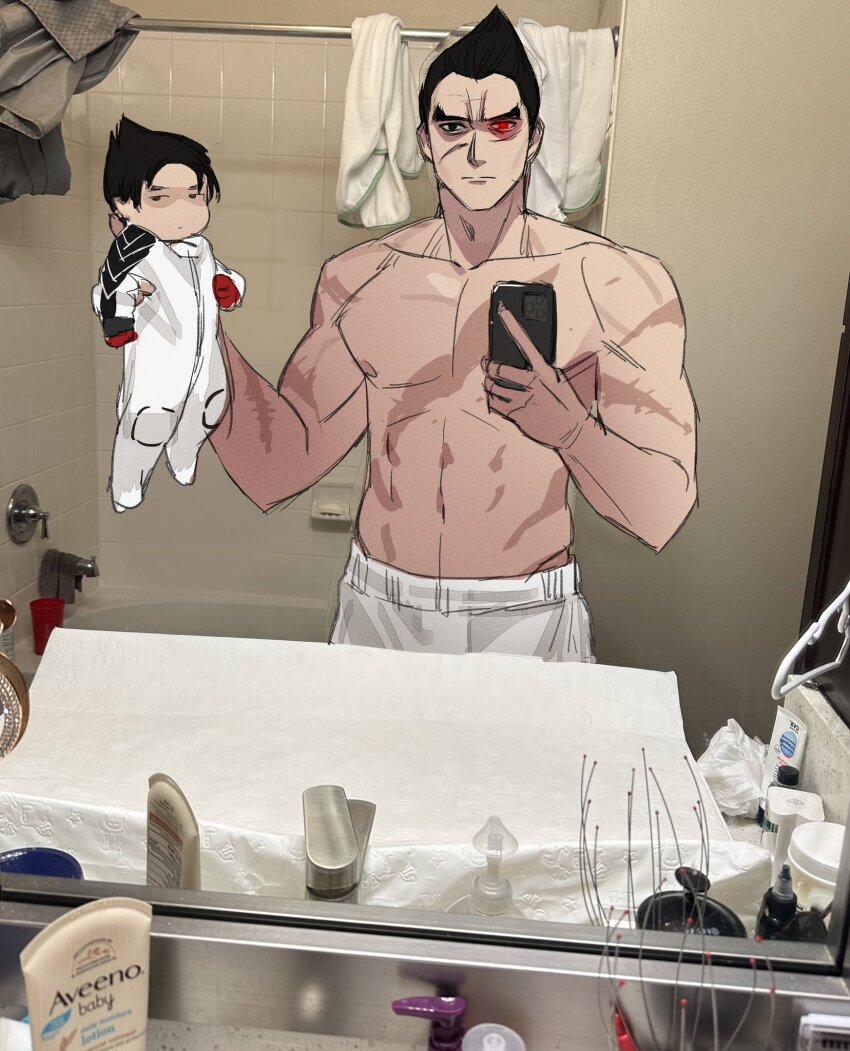 2boys, baby, carrying, carrying_baby, carrying_person, character_request, cowboy_shot, father_and_child