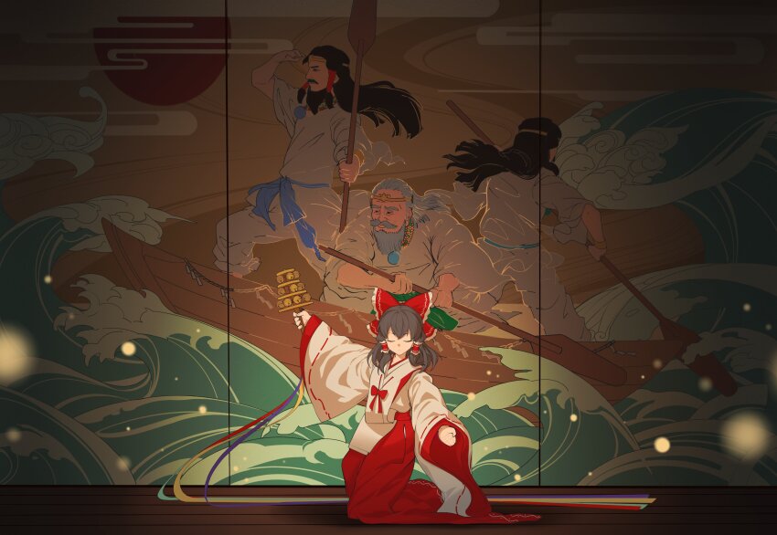 1girl, absurdres, alternate_costume, beard, bell, black_hair, boat, bow