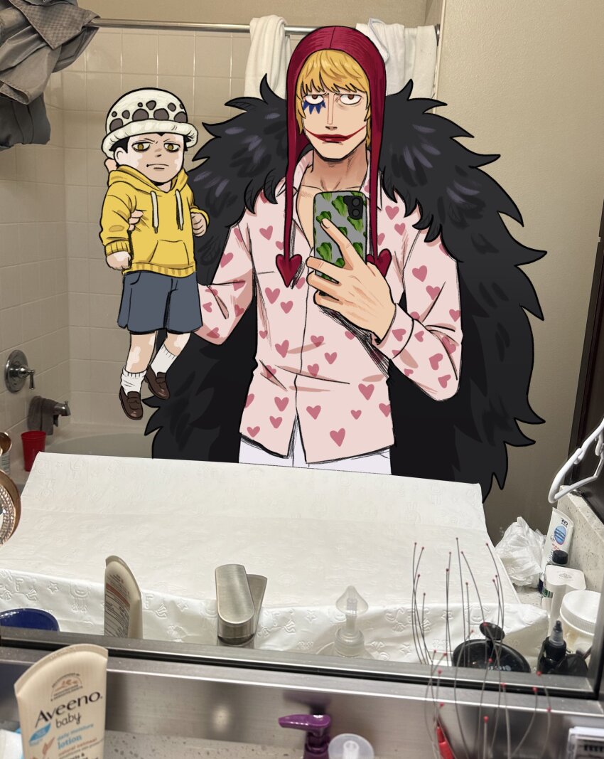 2boys, aged_down, baby, cape, carrying, carrying_baby, carrying_person, coat, commentary, cowboy_shot, disdain, donquixote_rocinante, empty_eyes, english_commentary, feather_coat, fur_cape, fur_coat, glaring, guys_holding_babies_(meme), heart, heart_print, highres, holding, holding_phone, looking_at_viewer, male_focus, meme, multiple_boys, one_piece, panther_print, phone, photo-referenced, photo_background, red_hood, selfie, short_hair, smile, spicemachine02, standing, trafalgar_law