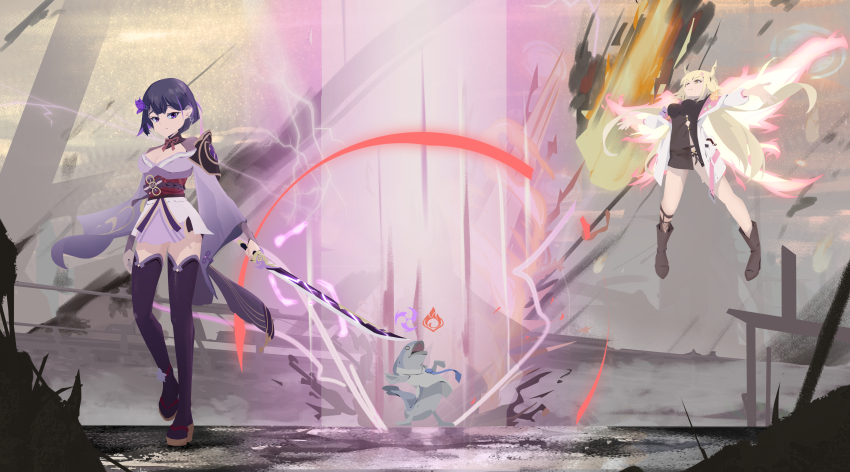 1other, 2girls, absurdres, amrzs_(vtuber), ankle_boots, asymmetrical_legwear, battle, black_dress