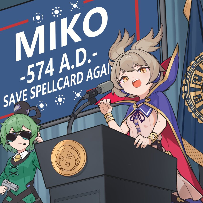 2girls, absurdres, bracelet, brown_hair, cape, chinese_commentary, closed_mouth, commentary_request, devilkillerx, donald_trump, dress, earmuffs, english_text, flag, frown, green_dress, green_hair, gun, handgun, hat, headphones, highres, holding, holding_gun, holding_weapon, jewelry, long_sleeves, make_america_great_again, microphone, multiple_girls, open_mouth, parody, pointy_hair, purple_cape, real_life, red_cape, shirt, short_hair, sleeveless, sleeveless_shirt, soga_no_tojiko, sunglasses, tate_eboshi, touhou, toyosatomimi_no_miko, two-sided_cape, two-sided_fabric, weapon