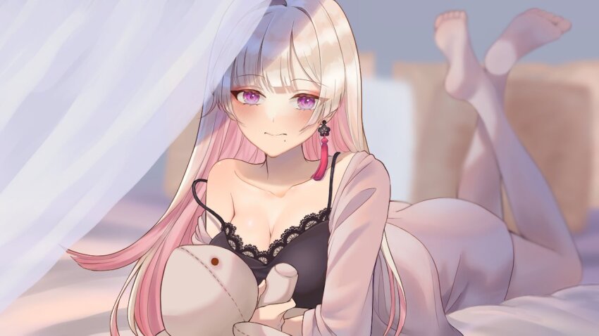 1girl, ass, barefoot, black_negligee, blonde_hair, blurry, blurry_background, blush