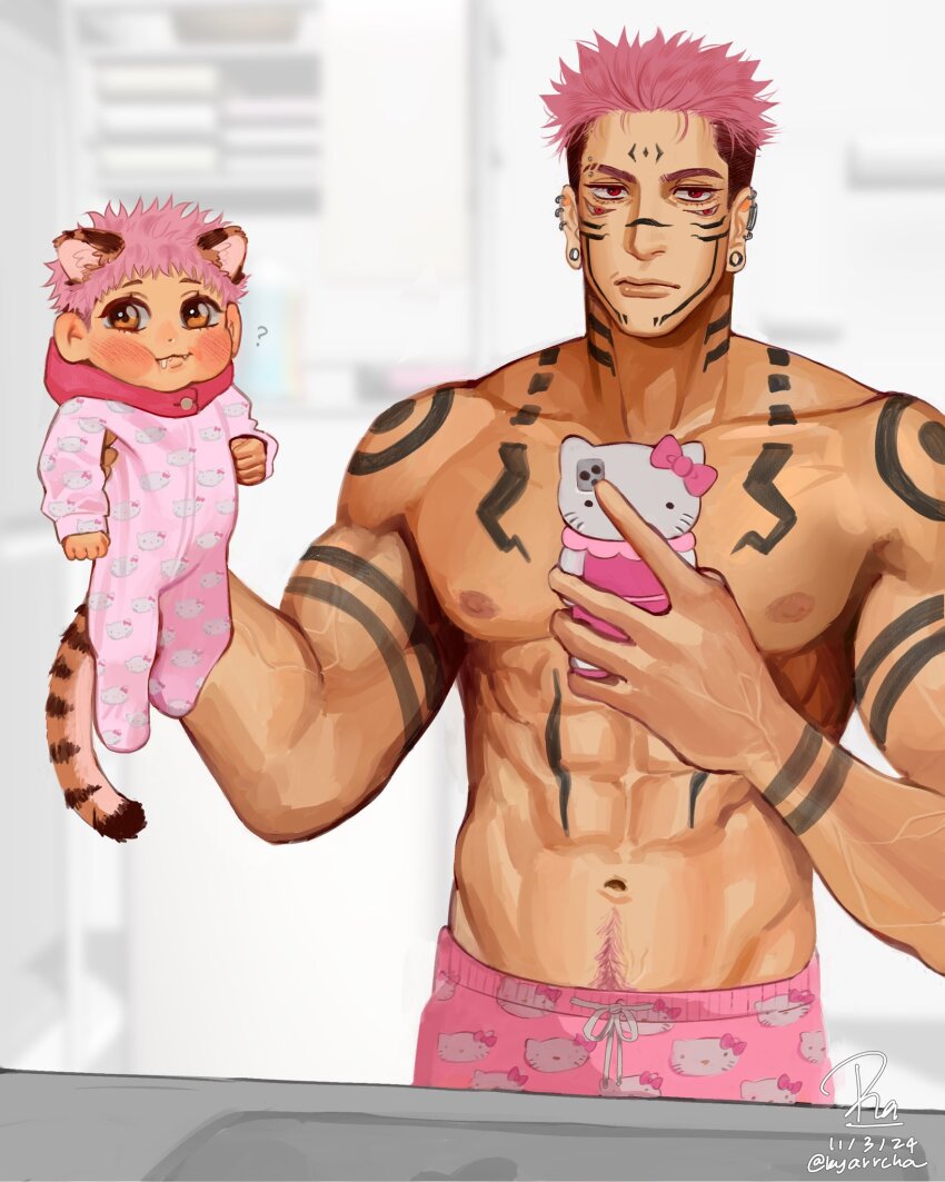 2boys, abs, aged_down, animal_ears, arm_tattoo, baby, bara, biceps