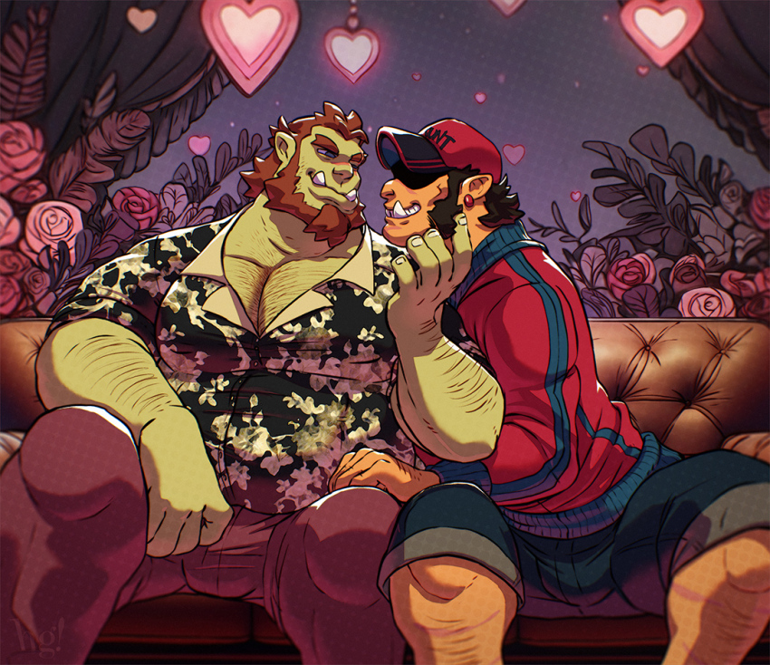 2boys, bara, baseball_cap, beard, borrowed_character, colored_skin, couch, couple
