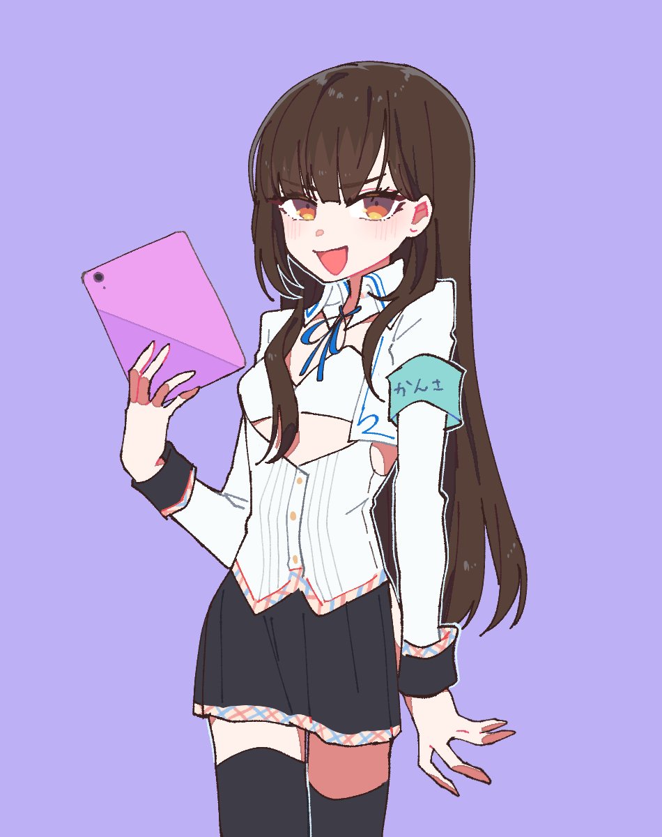 1girl, :d, armband, black_skirt, black_thighhighs, blue_ribbon, breasts, brown_hair