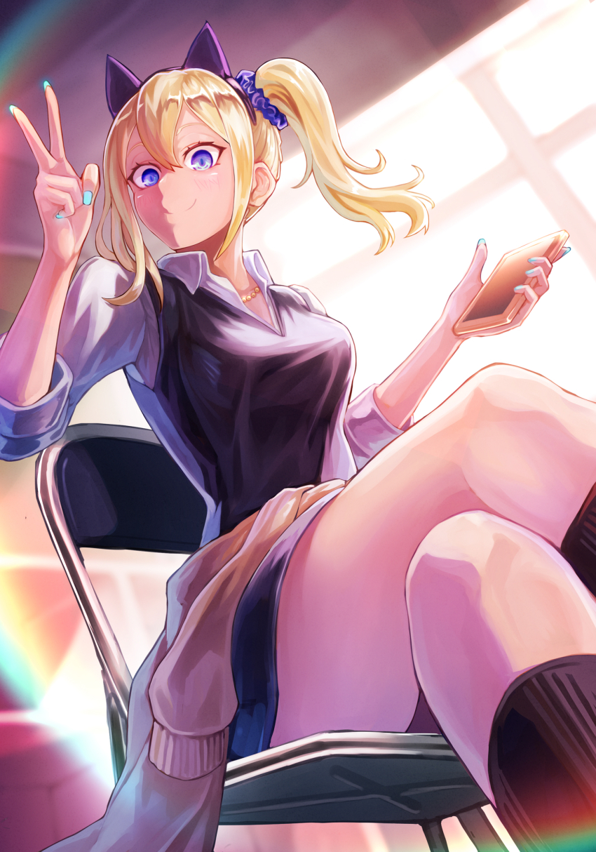 1girl, animal_ears, black_sweater_vest, blonde_hair, blue_eyes, blue_nails, blue_scrunchie, cardigan