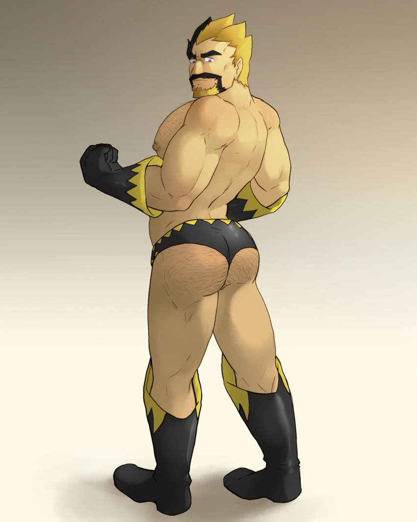 1boy, ass, bara, black_hair, blonde_hair, boots, briefs, clenched_hands, facial_hair, from_behind, gloves, goatee, highres, huge_eyebrows, human_fuerte_(great_el_fuerte's), large_pectorals, looking_at_viewer, looking_back, male_focus, male_underwear, mature_male, multicolored_hair, muscular, muscular_male, mustache, nipples, original, pectorals, rick_penman, second-party_source, short_hair, solo, sparse_chest_hair, spiked_hair, standing, thick_ass_hair, thick_mustache, topless_male, two-tone_beard, two-tone_hair, underwear