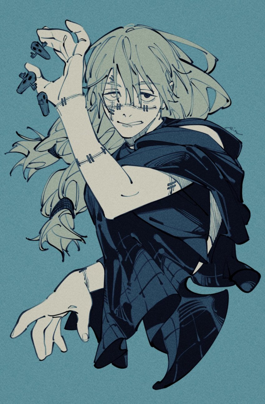 1boy, :q, blue_background, blue_hair, blue_shirt, hair_between_eyes, heterochromia, highres