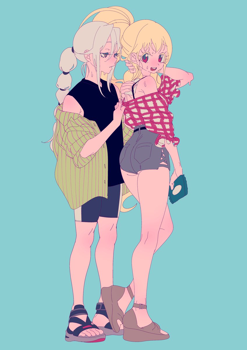 2girls, :d, alternate_costume, archived_source, bad_id, bad_twitter_id, bare_shoulders, black_footwear
