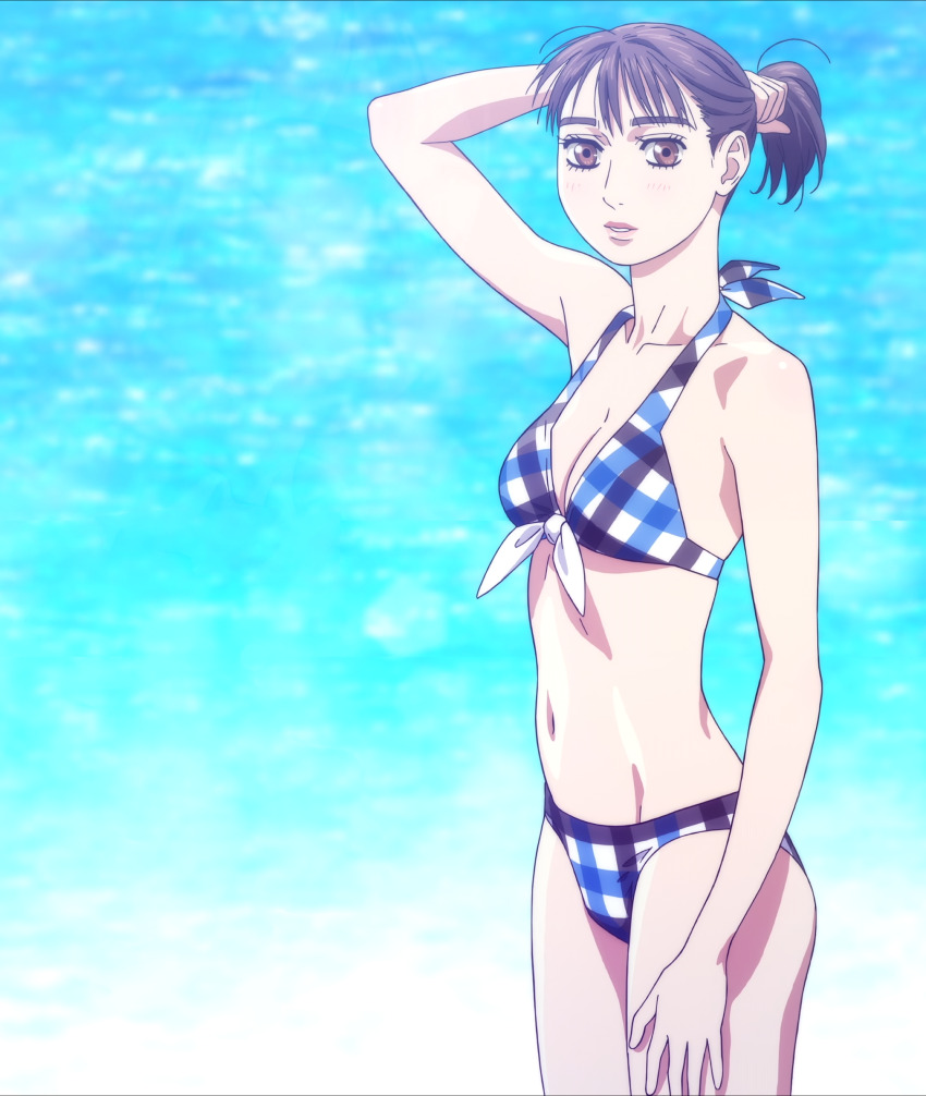 1girl, absurdres, anime_screenshot, beach, belly, bikini, blue_bikini, breasts