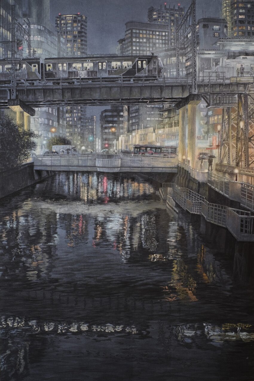 absurdres, bridge, building, bus, city, cityscape, fence, fine_art_parody