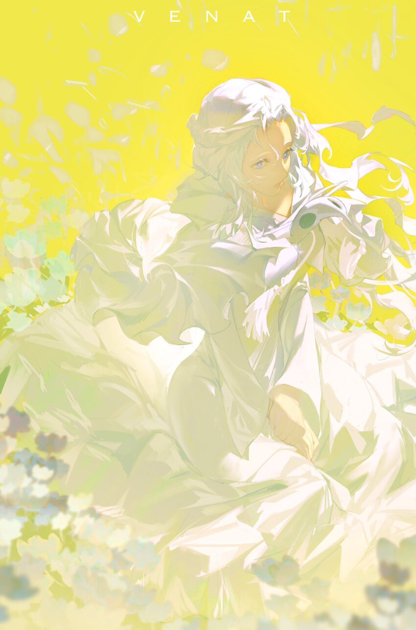 1girl, blue_eyes, capelet, character_name, drawstring, elpis_flower, feet_out_of_frame, field