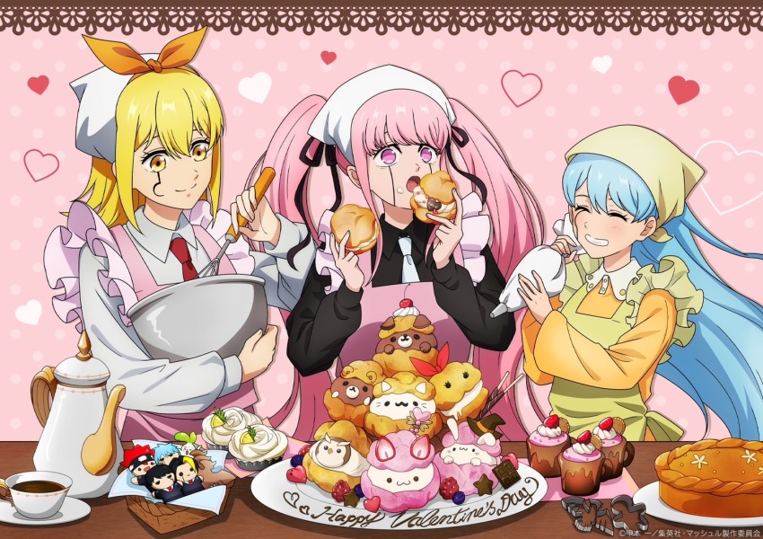 3girls, anna_crown, blonde_hair, blue_hair, cake, chef, cream_puff, cup, facial_mark, food, lemon_irvine, long_hair, love_cute, mashle, mixing_bowl, multiple_girls, necktie, official_art, pink_eyes, pink_hair, red_necktie, smile, teapot, teeth, twintails, whisk, yellow_eyes