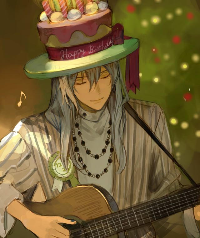 1boy, bead_necklace, beads, birthday_cake_hat, blurry, christmas_tree, closed_eyes, closed_mouth, depth_of_field, eighth_note, guitar, hair_between_eyes, happy_birthday, holding, holding_guitar, holding_instrument, idolish7, instrument, jacket, jewelry, kuzuvine, long_hair, male_focus, mole, mole_under_eye, musical_note, necklace, open_clothes, open_jacket, playing_guitar, playing_instrument, shirt, smile, solo, turtleneck, upper_body, white_hair, white_shirt, yellow_jacket, yuki_(idolish7)