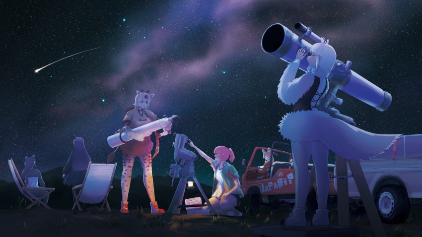 6+girls, absurdres, animal_ears, animal_print, black_hair, blonde_hair, car, dress