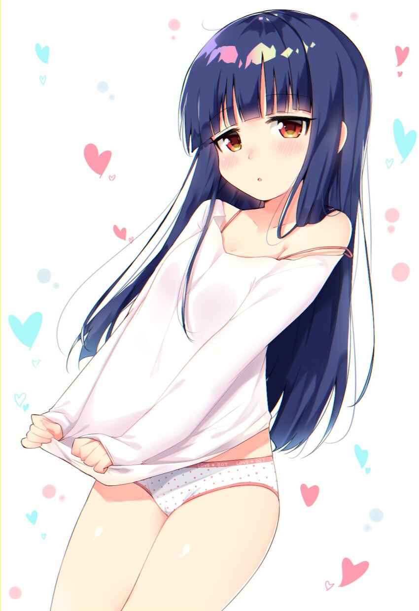 1girl, breasts, cleavage, clothes_pull, clothes_writing, cowboy_shot, dot_nose, heart