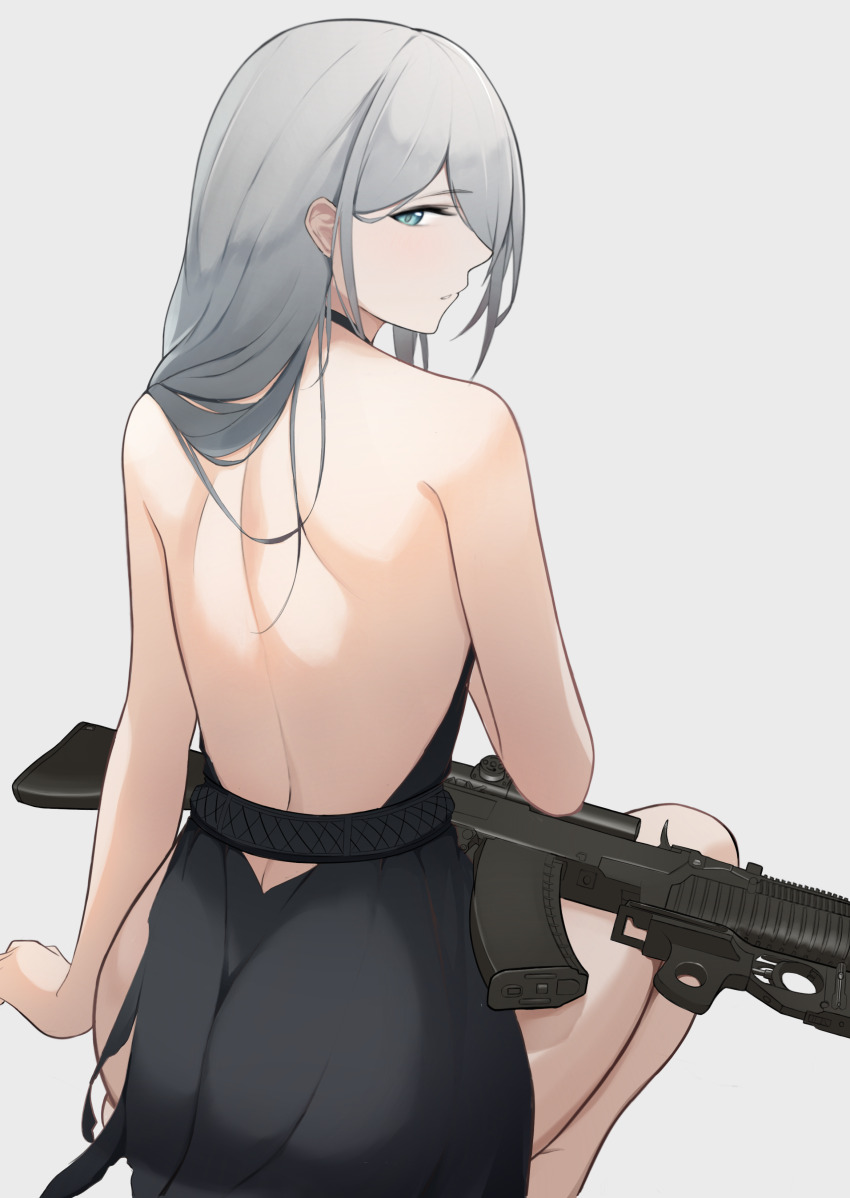 1girl, absurdres, an-94, an-94_(girls'_frontline), an-94_(silent_rouge)_(girls'_frontline), aqua_eyes, assault_rifle, backless_dress
