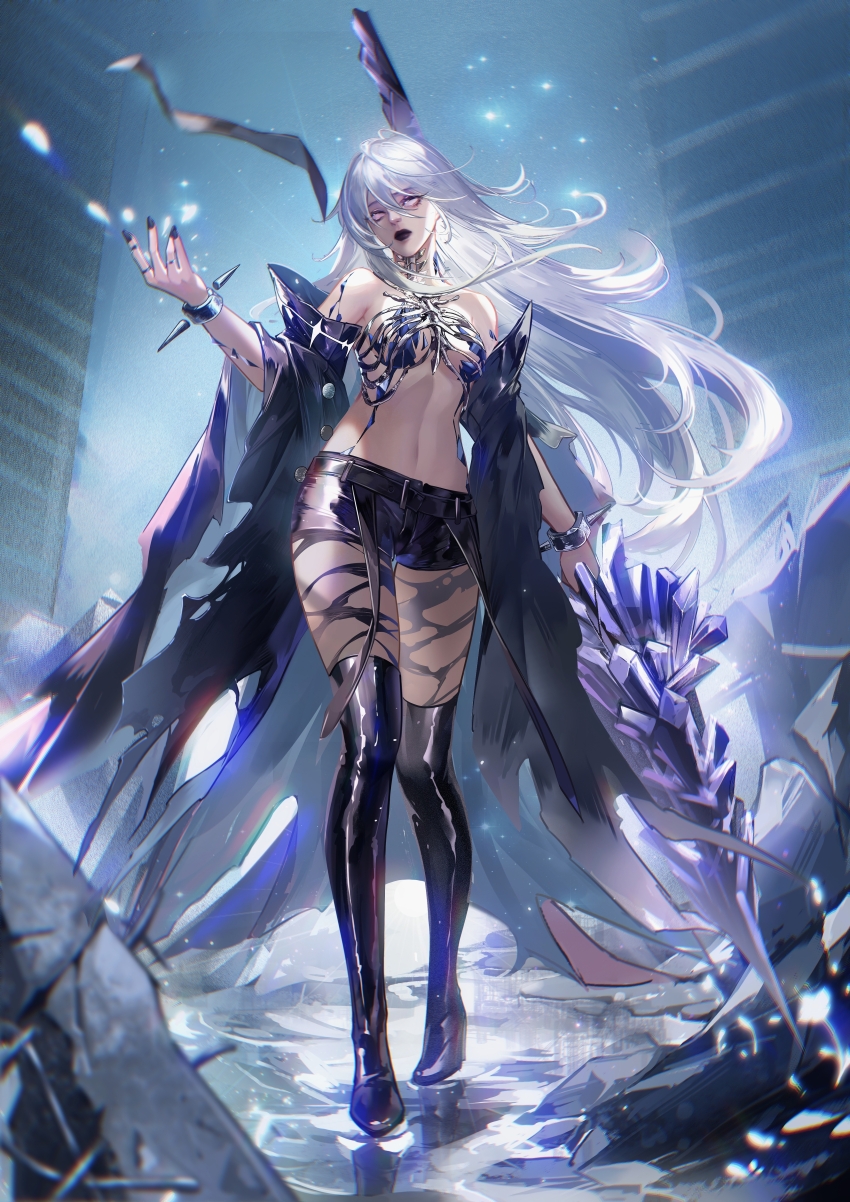 1girl, absurdres, bare_shoulders, black_boots, black_leggings, black_lips, black_nails, black_shorts