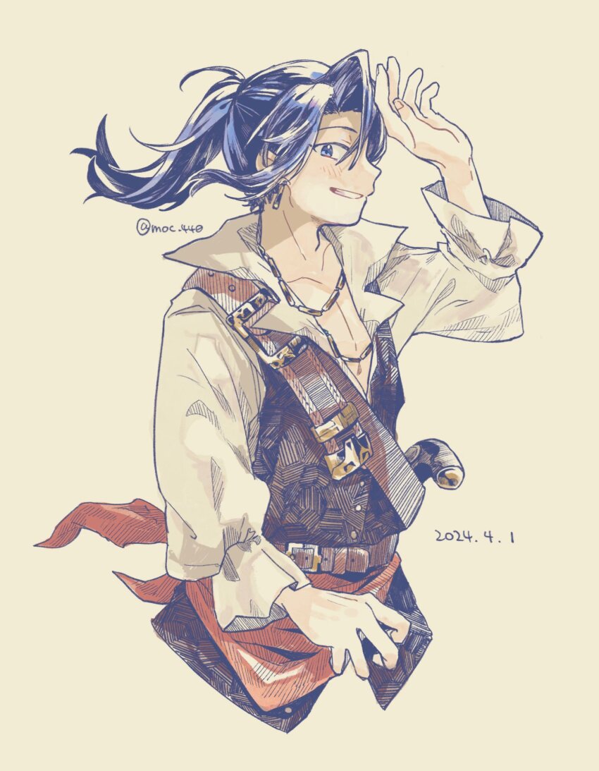 1boy, 2024, belt, belt_buckle, blue_eyes, blue_hair, blush_stickers, buckle