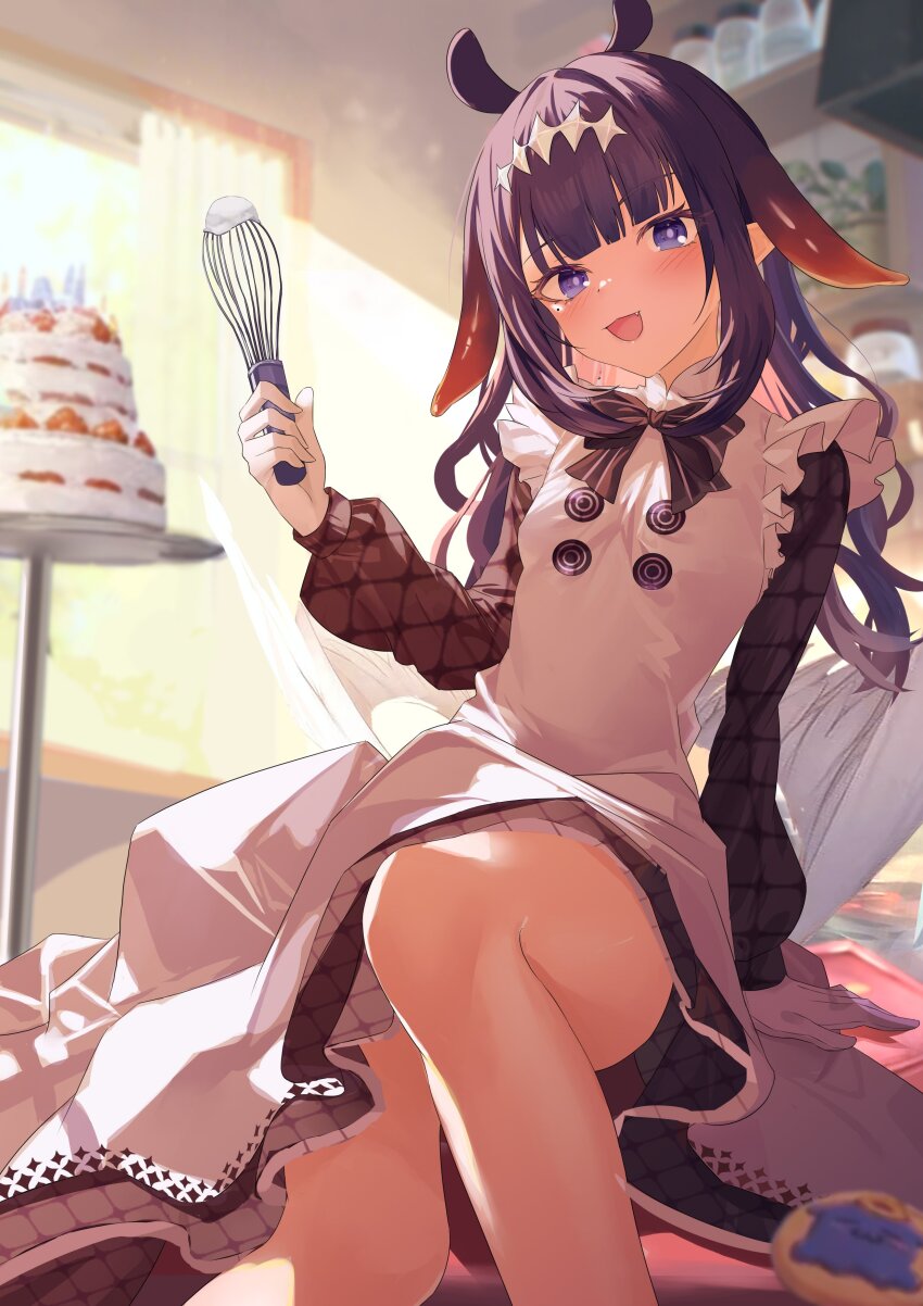 1girl, absurdres, apron, black_dress, blush, cake, cookie, dress