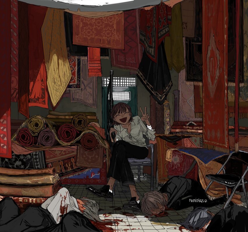 1girl, 4boys, :d, absurdly_detailed_composition, artist_name, assassin, black_footwear, black_hair