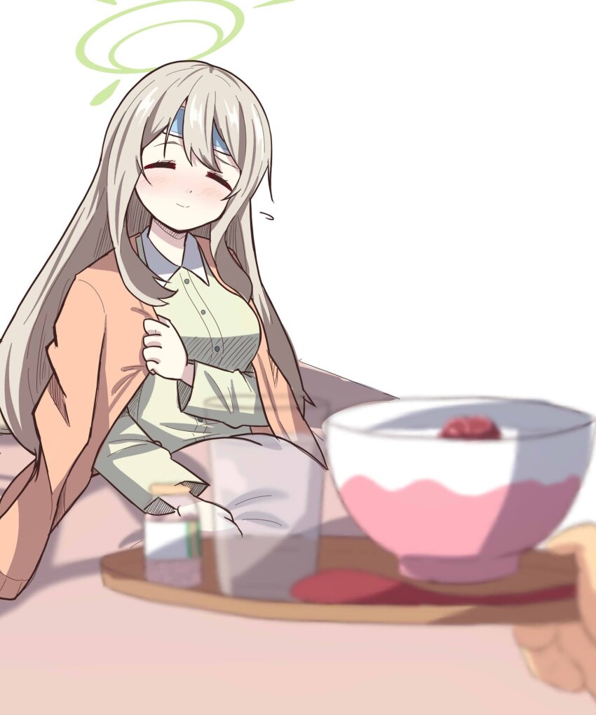 1boy, 1girl, ^_^, alternate_costume, alternate_hairstyle, bed, blanket, blue_archive