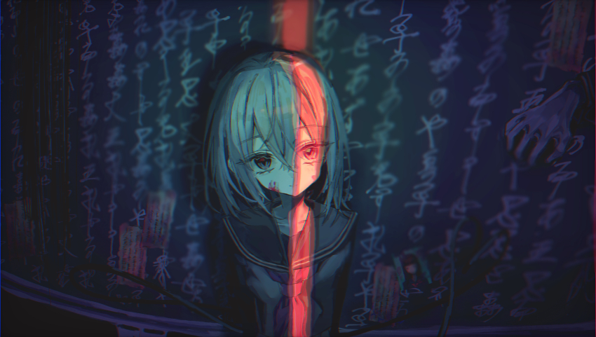 1girl, 1other, against_chalkboard, alternate_costume, blood, blood_on_face, chalkboard, classroom