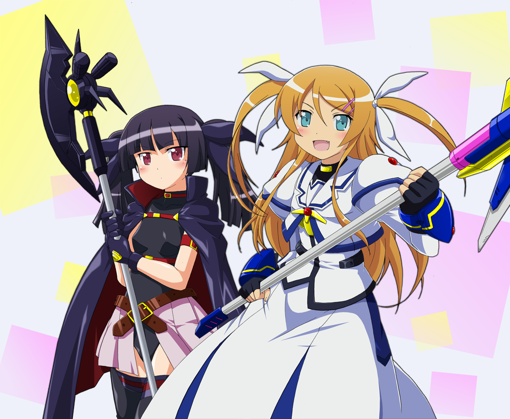 2girls, aqua_eyes, bardiche_(axe_form)_(nanoha), bardiche_(nanoha), black_hair, blush, brown_hair, closed_mouth