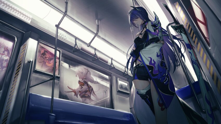 1girl, absurdres, acheron_(honkai:_star_rail), adam_(honkai_impact), asymmetrical_footwear, black_choker, black_gloves, black_shorts