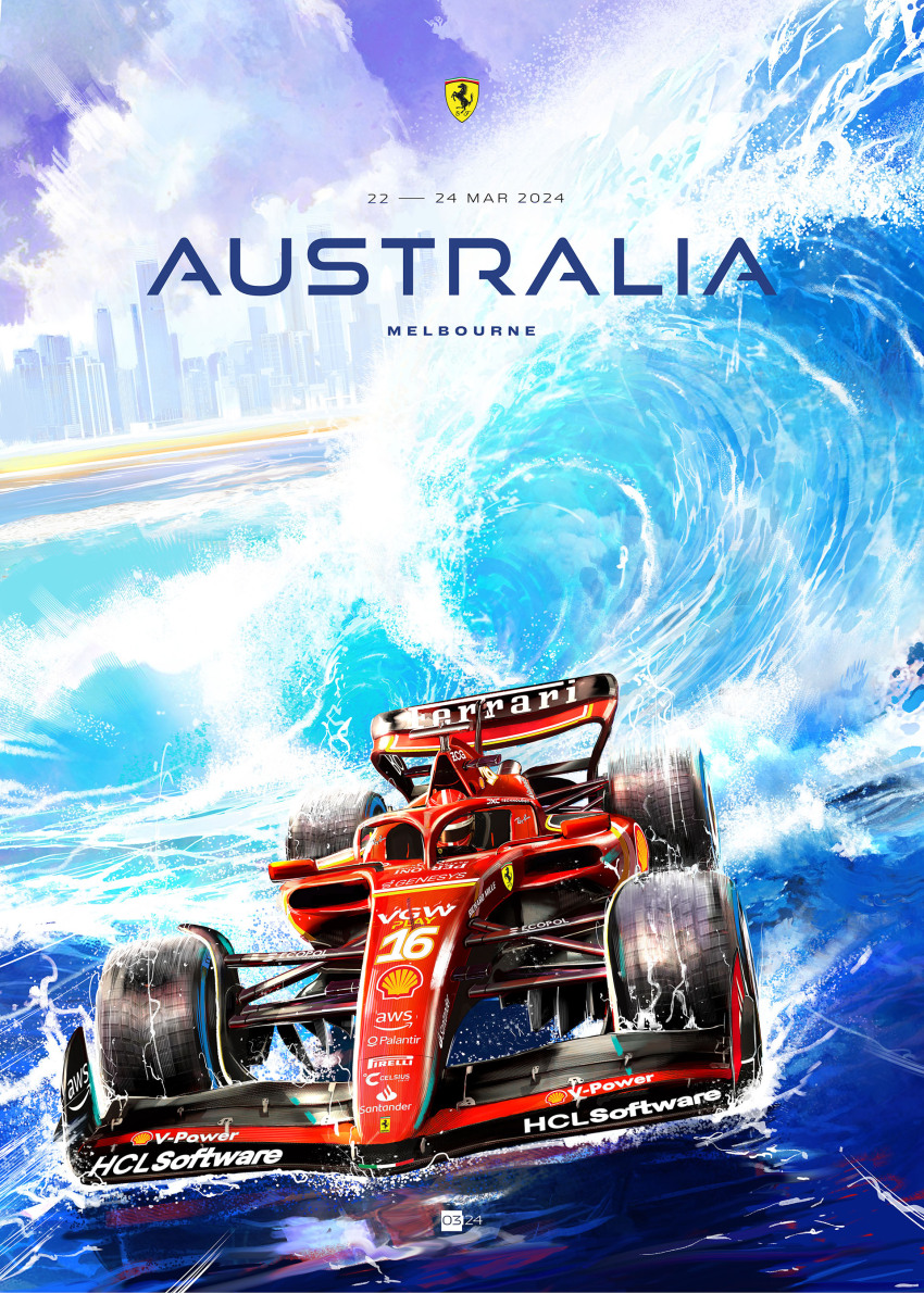 1boy, absurdres, amazon_(company), australia, car, charles_leclerc, federico_carlo_ferniani, ferrari, ferrari_sf-24, formula_one, formula_racer, helmet, highres, italian_flag, logo, motor_vehicle, ocean, official_art, pirelli, promotional_art, puma_(brand), race_vehicle, racecar, real_life, red_helmet, shell_(company), spoiler_(automobile), sponsor, vehicle_focus, water, western_comics_(style)