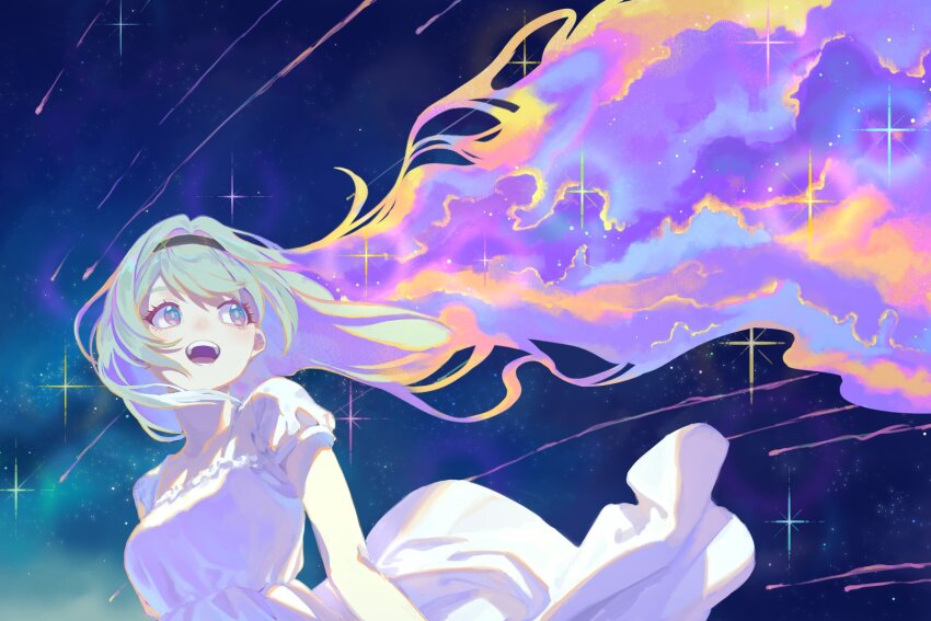 1girl, amenoki, black_hairband, commentary, dress, firefly_(honkai:_star_rail), grey_hair, hairband, highres, honkai:_star_rail, honkai_(series), long_hair, purple_eyes, shooting_star, short_sleeves, solo, upper_body, very_long_hair, white_dress