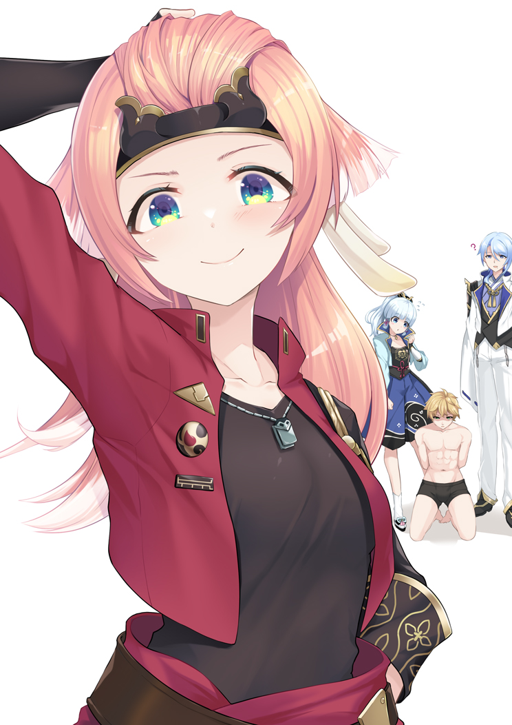 2boys, 2girls, ?, arm_up, ayaka_(genshin_impact), black_male_underwear, black_shirt, blonde_hair, blue_eyes, blue_hair, breasts, closed_mouth, clothes_theft, cosplay, fake_horns, genshin_impact, green_eyes, hair_between_eyes, hair_ornament, headband, horns, jacket, japanese_clothes, jewelry, kamisato_ayato, long_hair, male_underwear, medium_breasts, multicolored_hair, multiple_boys, multiple_girls, necklace, open_mouth, pink_hair, ponytail, red_jacket, shirt, smile, theft, thief, thoma_(genshin_impact), thoma_(genshin_impact)_(cosplay), topless_male, underwear, yanfei_(genshin_impact), zenzai_tarou