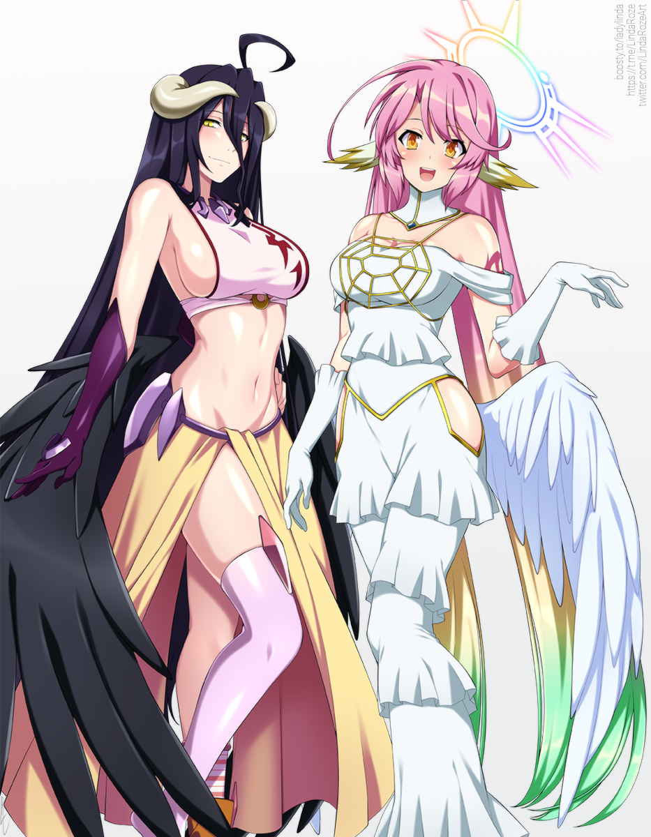 2girls, :d, ahoge, albedo_(overlord), albedo_(overlord)_(cosplay), angel, angel_wings, asymmetrical_legwear, bare_shoulders, black_feathers, black_hair, black_wings, blonde_hair, breasts, brown_footwear, cleavage, closed_mouth, clothing_cutout, collarbone, commentary, cosplay, costume_switch, cropped_shirt, crossover, demon_girl, demon_horns, demon_wings, dress, elbow_gloves, english_commentary, feathered_wings, feathers, gloves, gradient_hair, green_hair, groin, hair_between_eyes, halo, hand_on_own_hip, highres, hip_vent, horns, jibril_(no_game_no_life), jibril_(no_game_no_life)_(cosplay), large_breasts, lindaroze, long_bangs, long_dress, long_hair, long_skirt, looking_at_viewer, low_wings, midriff, mismatched_legwear, multicolored_hair, multiple_girls, navel, no_game_no_life, open_mouth, overlord_(maruyama), pink_hair, pink_shirt, pink_thighhighs, purple_gloves, shirt, shoes, sideboob, sidelocks, simple_background, single_shoe, single_thighhigh, skindentation, skirt, sleeveless, sleeveless_shirt, slit_pupils, smile, socks, spiked_halo, standing, strapless, strapless_dress, striped_clothes, striped_socks, tattoo, thighhighs, very_long_hair, watermark, web_address, white_background, white_dress, white_gloves, white_horns, white_wings, wing_ears, wings, yellow_eyes, yellow_skirt