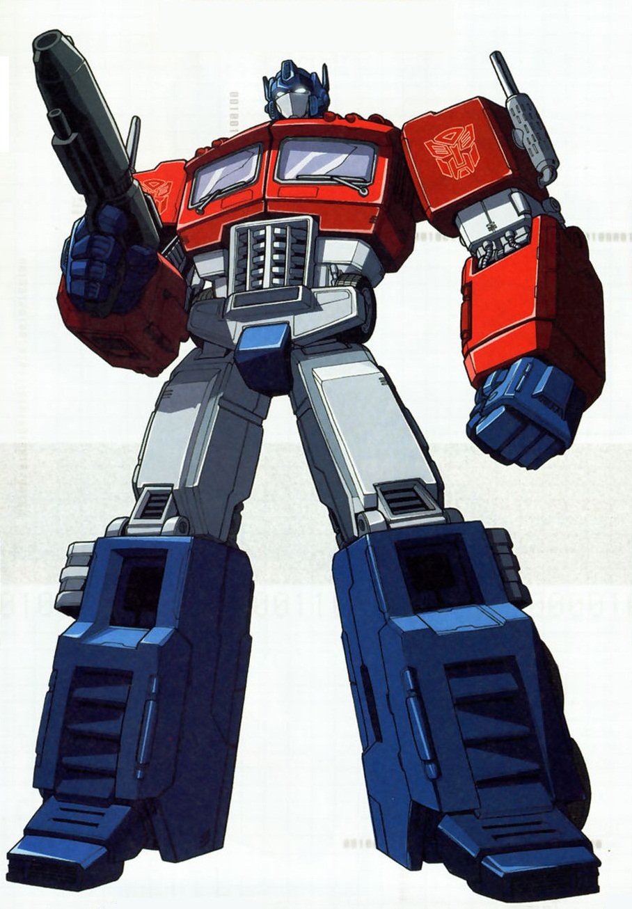 2003, autobot, clenched_hand, cropped, don_allan_figueroa, dreamwave, full_body, glowing, glowing_eyes, gun, highres, holding, holding_gun, holding_weapon, insignia, mecha, no_humans, optimus_prime, robot, scan, smokestack, transformers, transformers:_generation_1, weapon, wheel, windshield, windshield_wiper