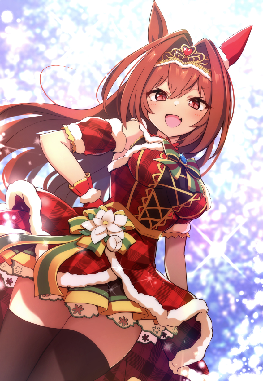 1girl, absurdres, bare_shoulders, breasts, brown_eyes, brown_hair, christmas, daiwa_scarlet_(umamusume)