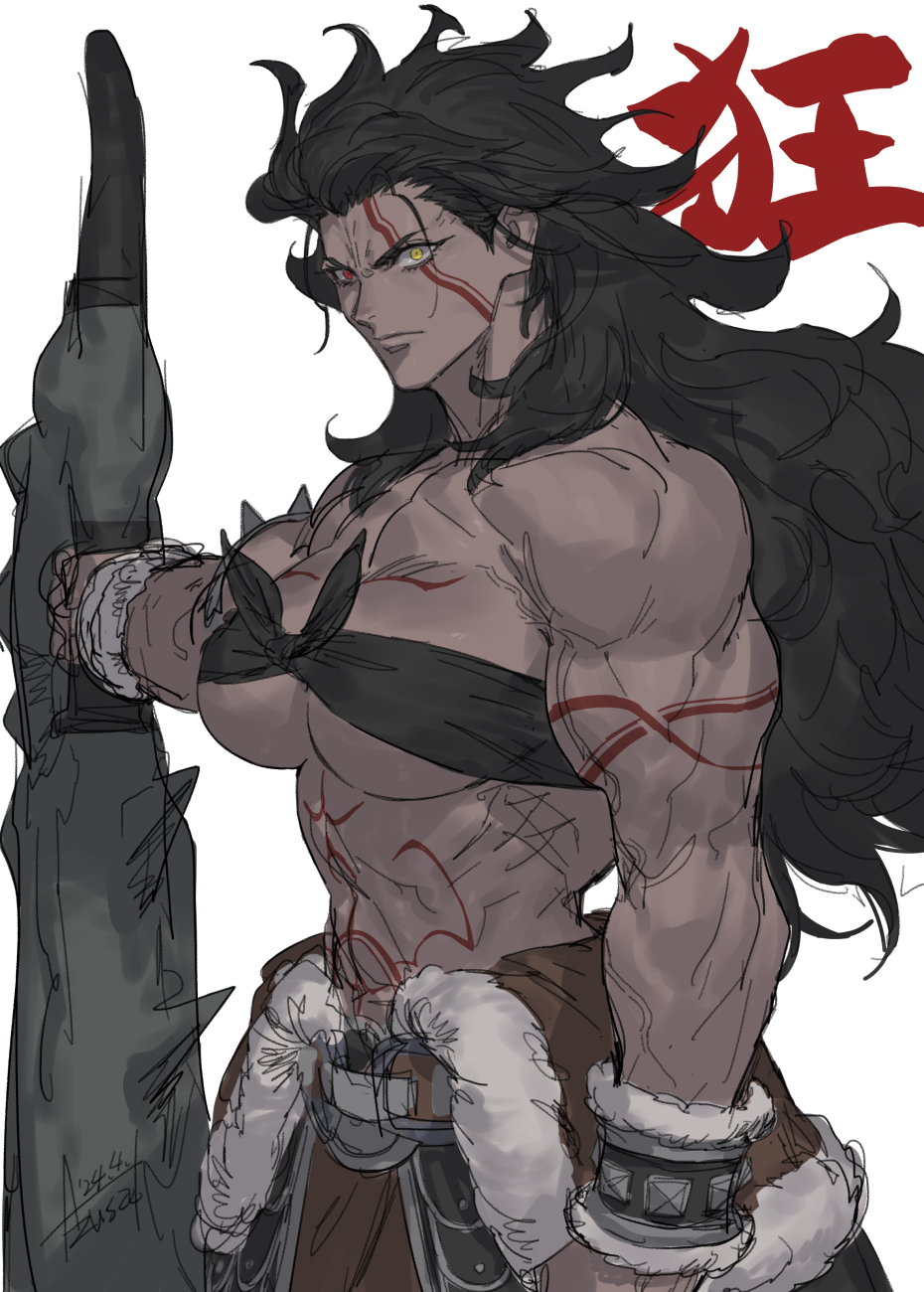 axe, azusa_(hws), black_hair, breasts, dark-skinned_female, dark_skin, fate_(series), genderswap, genderswap_(mtf), heracles_(fate), heracles_(third_ascension)_(fate), heterochromia, highres, holding, holding_axe, large_breasts, loincloth, long_hair, muscular, muscular_female, red_eyes, signature, tattoo, unfinished, wrist_cuffs, yellow_eyes