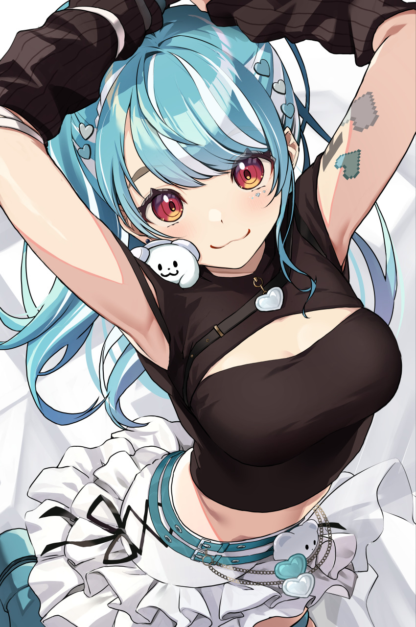 1girl, absurdres, aqua_belt, aqua_shoes, arched_back, arm_warmers, armpits, arms_up