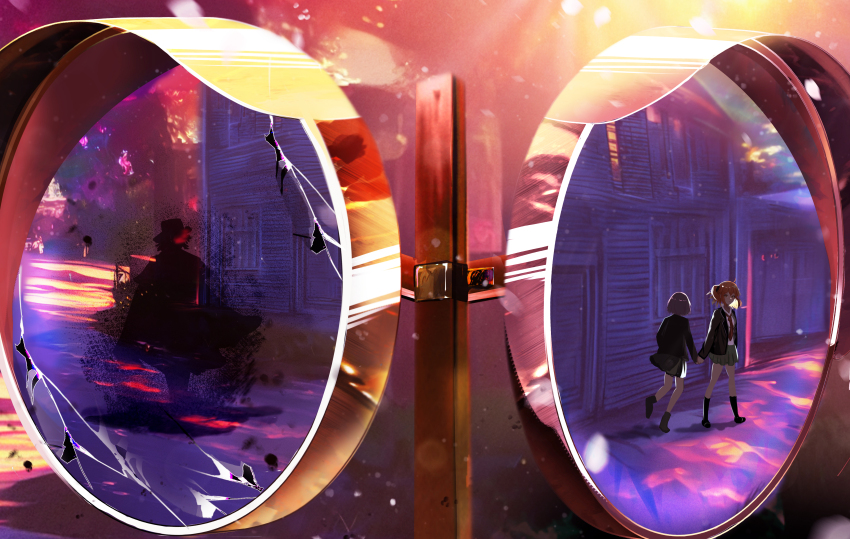 1boy, 2girls, absurdres, ahoge, antinese, black_footwear, black_scrunchie, black_socks