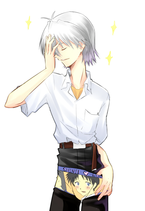 1boy, black_hair, blue_eyes, bulge, closed_eyes, ikari_shinji, male_underwear, nagisa_kaworu
