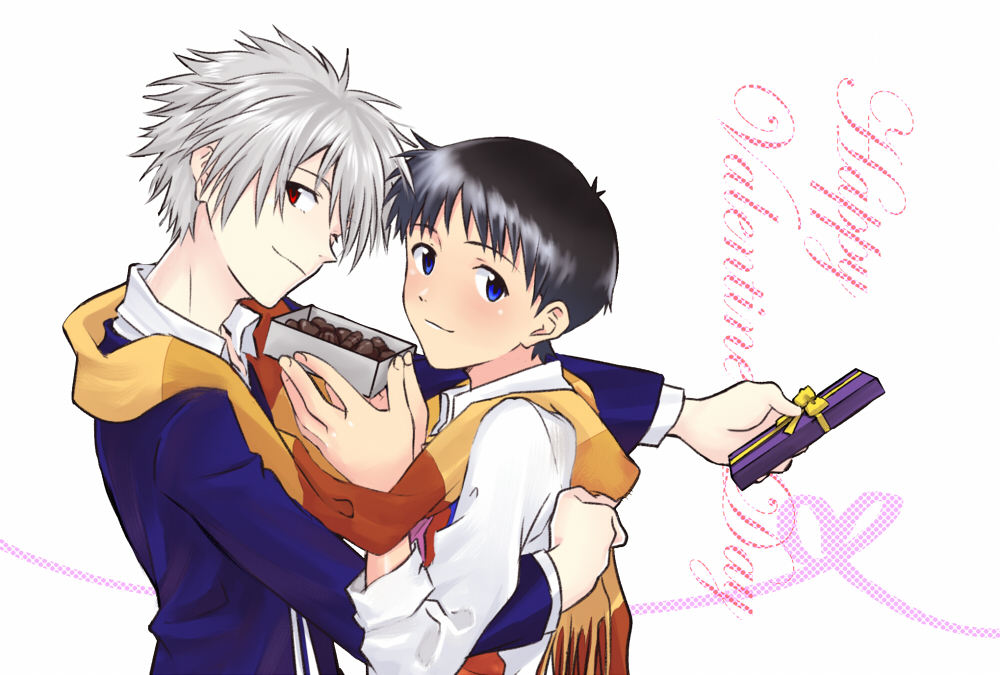 2boys, black_hair, blue_eyes, box, box_of_chocolates, grey_hair, ikari_shinji, long_sleeves