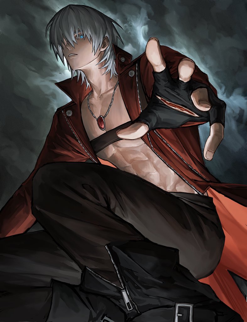 1boy, belt_bra, blue_eyes, bonley, cloud, cloudy_sky, coat, dante_(devil_may_cry)