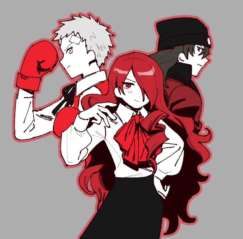 1girl, 2boys, aragaki_shinjirou, bow, brown_hair, grey_background, highres, kirijou_mitsuru