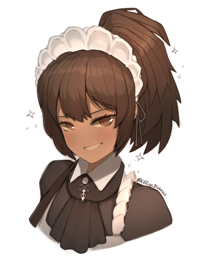 1girl, ascot, black_ascot, brown_eyes, brown_hair, ceo_of_disgrace, collared_shirt, grin